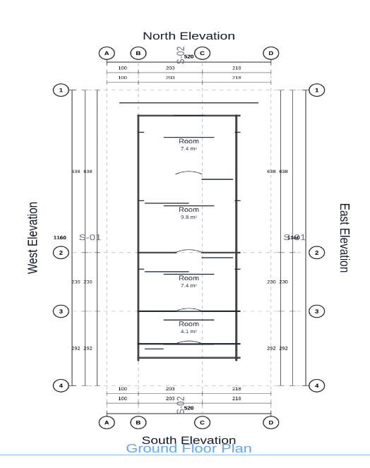 Ground floor plan drawing with grid lines and dimensions, generated by GhanaHousePlanner
